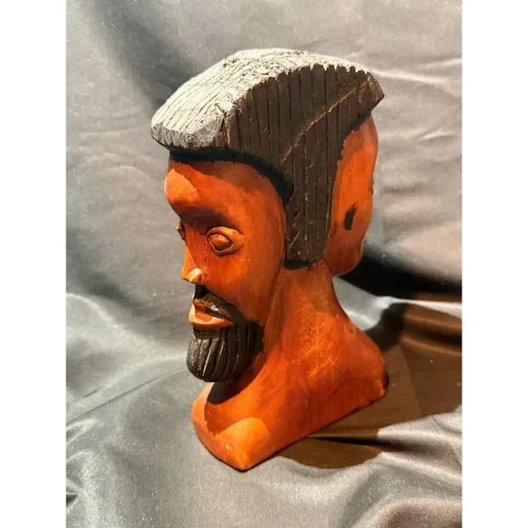 Hand Carved Double Face Wood Bust Man Woman 8" - Picture 1 of 8